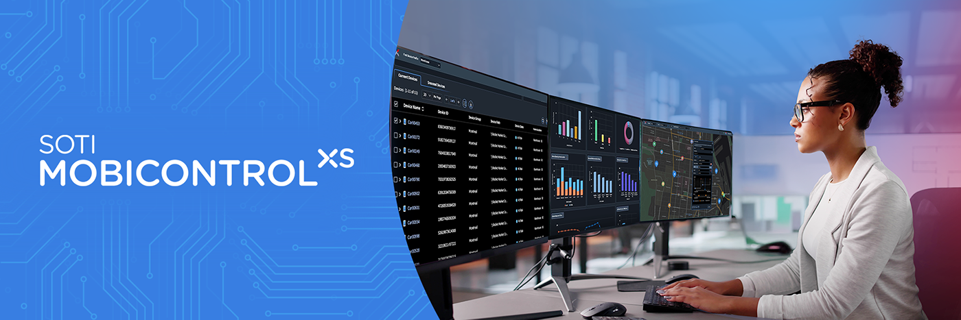 Person working at a desk monitoring multiple data dashboards on large computer screens next to the SOTI MobiControl XS branding.