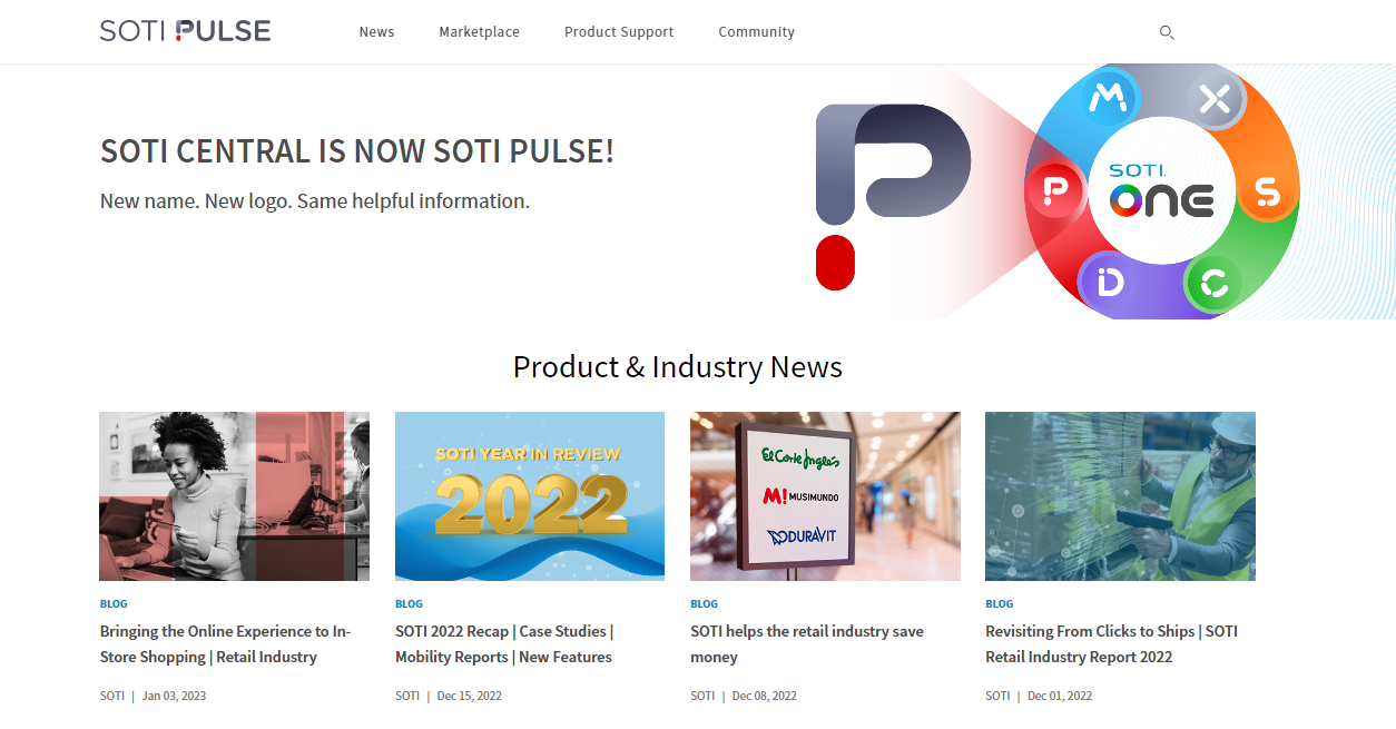 SOTI Pulse screenshot of featured news, SOTI blogs, and SOTI social media.