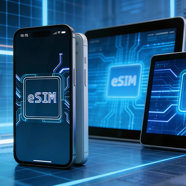 A futuristic grid background with 4 devices, 3 of which has their screen visible with the word 