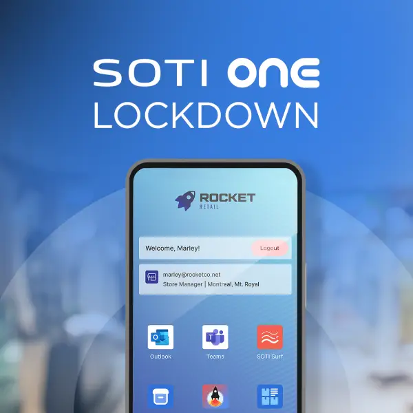 SOTI ONE Lockdown branding shown beside a smartphone displaying a customized home screen with business apps and a retail-themed interface.
