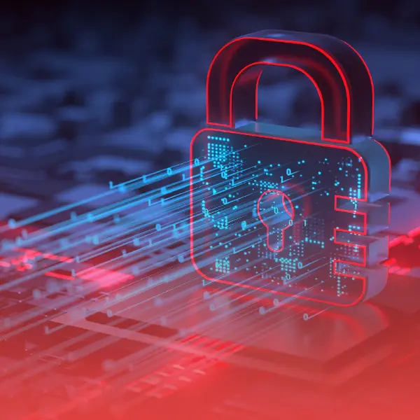 Digital padlock symbolizing cybersecurity protection with glowing circuit lines.