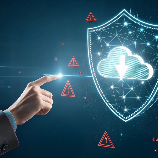 Hand pointing at a glowing shield with a cloud icon, surrounded by warning symbols, representing data security.